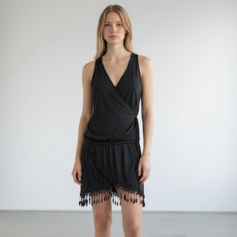 4/$40 Pelagiza Ibiza Fringe‎ Wrap Style Sleeveless V-Neck Black Midi Dress